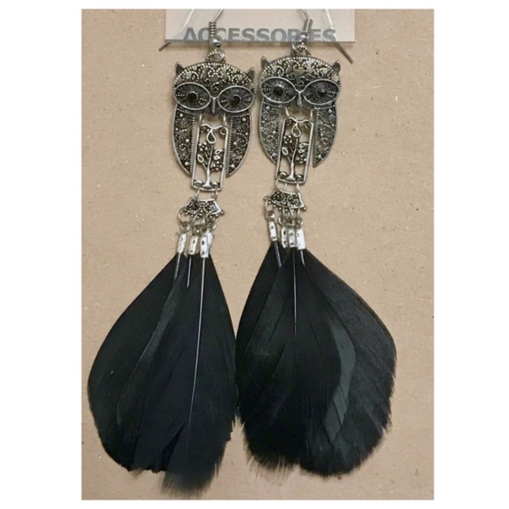Silver Owl & Black Feather Earrings